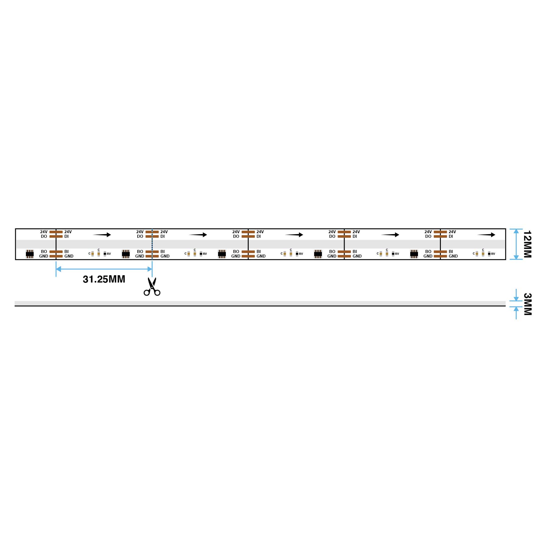 G.W.S LED Wholesale LED Strip Lights 5M / SPI RGB LED COB Strip Light, Seamless, 5M Reel, IP20, 24V, 12mm Wide, SPI Digital Pixel RGB, 32 Pixels/M