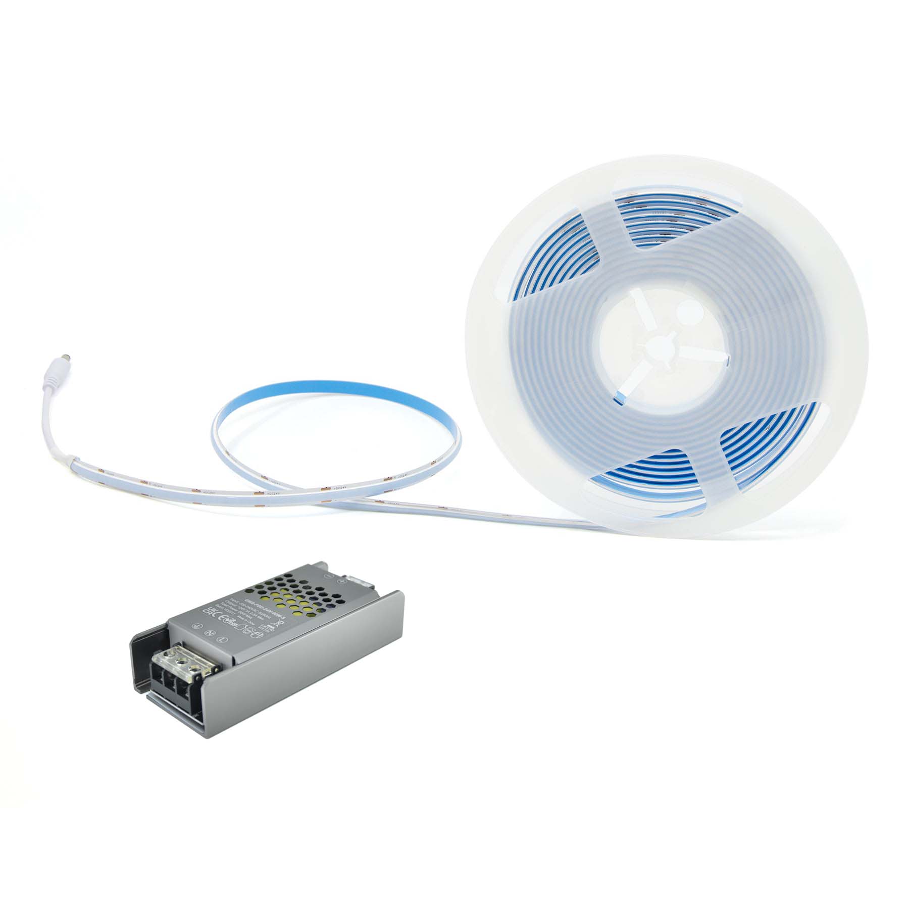 G.W.S LED Wholesale LED Strip Lights Full Kit (With Non-Waterproof Hard Wiring Driver) / 5M / Extra Warm White (2700K) LED COB Strip Light, Seamless, 5M Reel, IP20, 24V, 8mm Wide