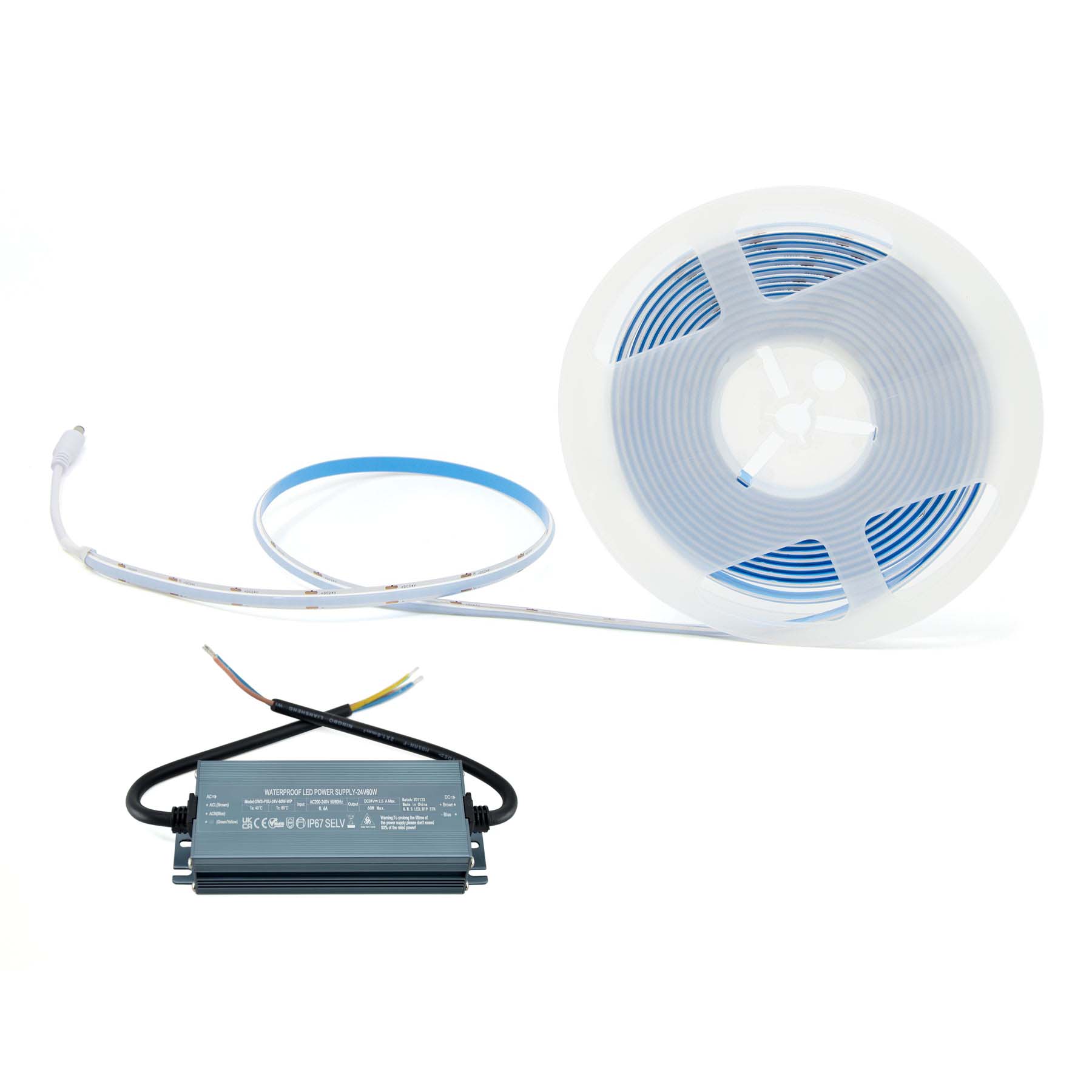 G.W.S LED Wholesale LED Strip Lights Full Kit (With Waterproof Hard Wiring Driver) / 5M / Extra Warm White (2700K) LED COB Strip Light, Seamless, 5M Reel, IP20, 24V, 8mm Wide