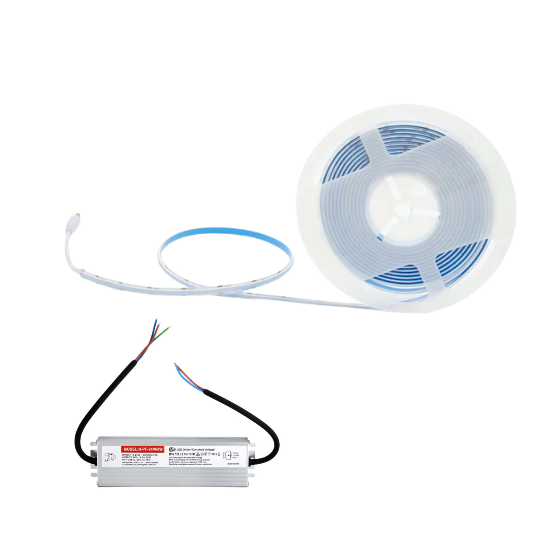 G.W.S LED Wholesale LED Strip Lights Full Kit (With Waterproof Hard Wiring Driver) / 5M / Extra Warm White (2700K) LED COB Strip Light, Seamless, 5M Reel, IP20, 24V, 8mm Wide