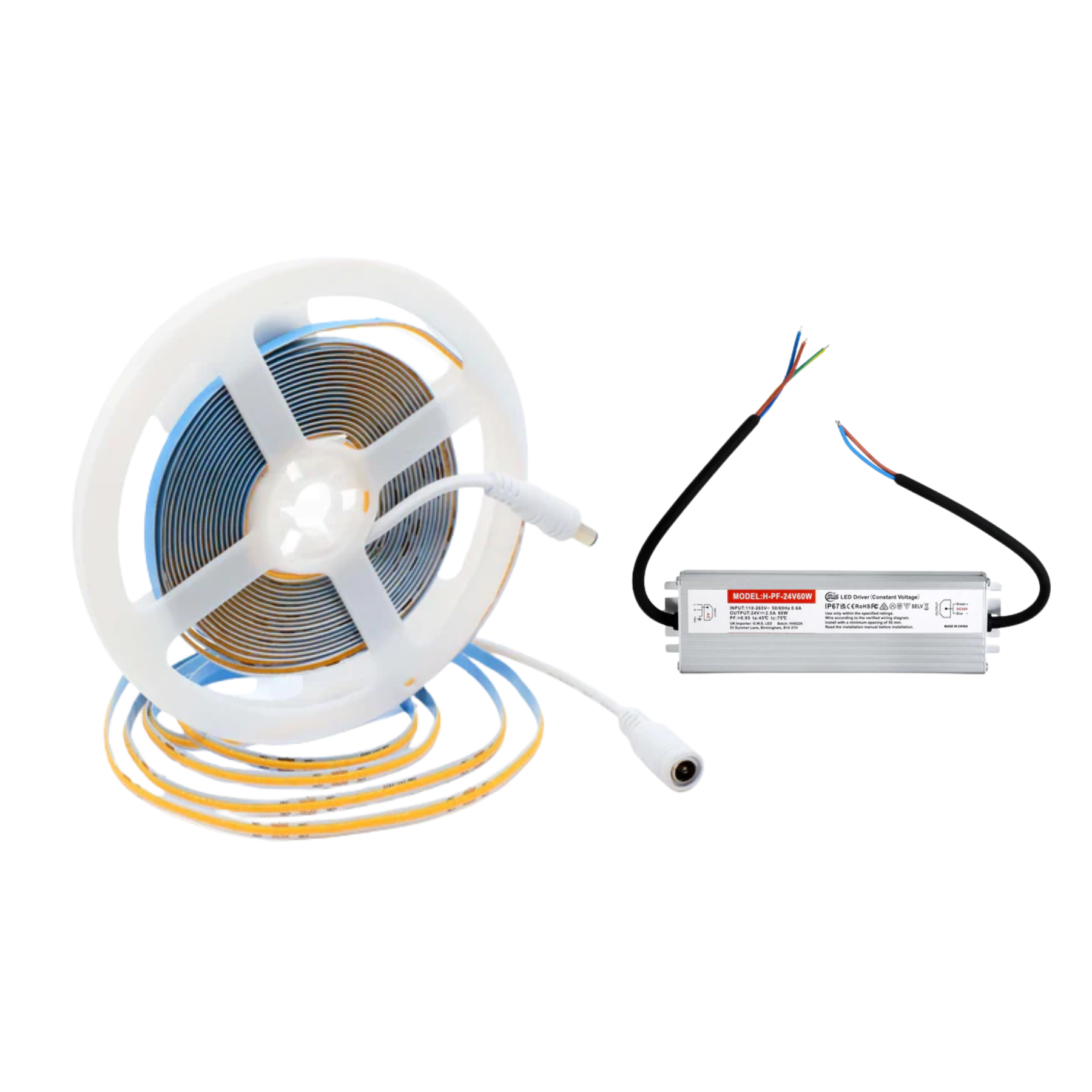 G.W.S LED Wholesale LED Strip Lights Full Kit (With Waterproof Hard Wiring Driver) / 5M / Warm White (3000K) LED COB Strip Light, Seamless, 5M Reel, IP20, 24V, 5mm Wide