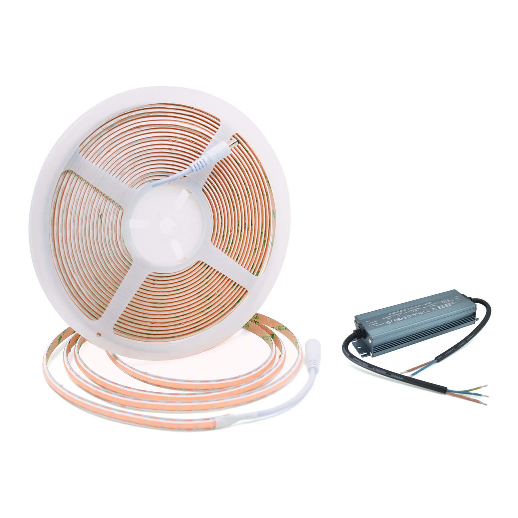 G.W.S LED Wholesale LED Strip Lights Full Kit (With Waterproof Hard Wiring Driver) / IP20 (Non-Waterproof) / Extra Warm White (2700K) LED COB Strip Light, Seamless, 10M Reel, IP20/IP65, 24V, 8mm/10mm Wide
