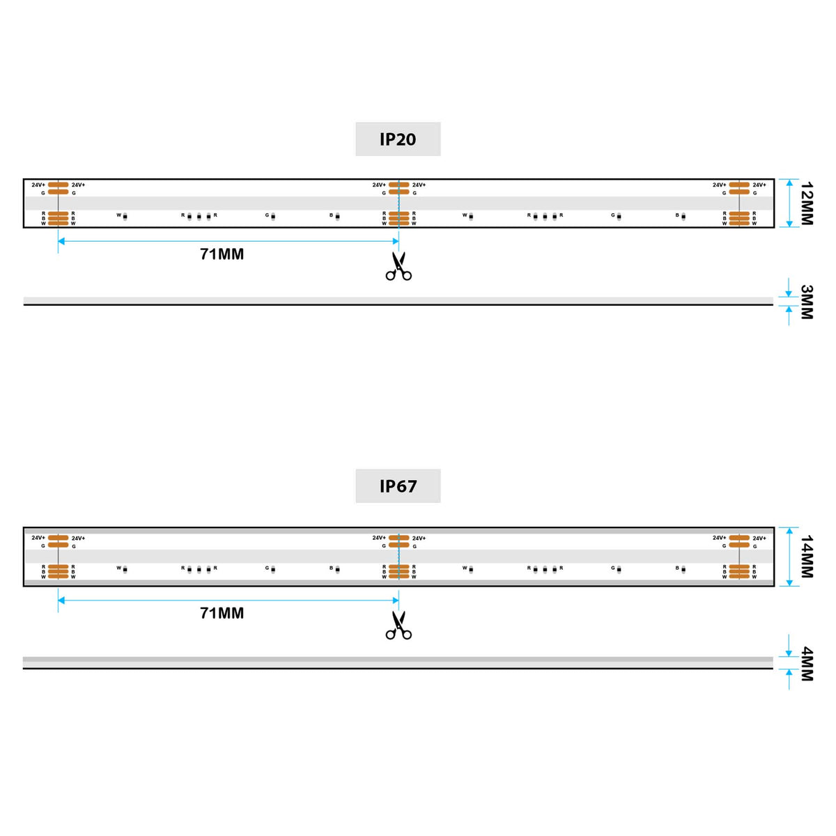 G.W.S LED Wholesale LED Strip Lights LED COB Strip Light, Seamless, 5M Reel, IP20/IP67, 24V, 12mm/14mm Wide, RGB+White