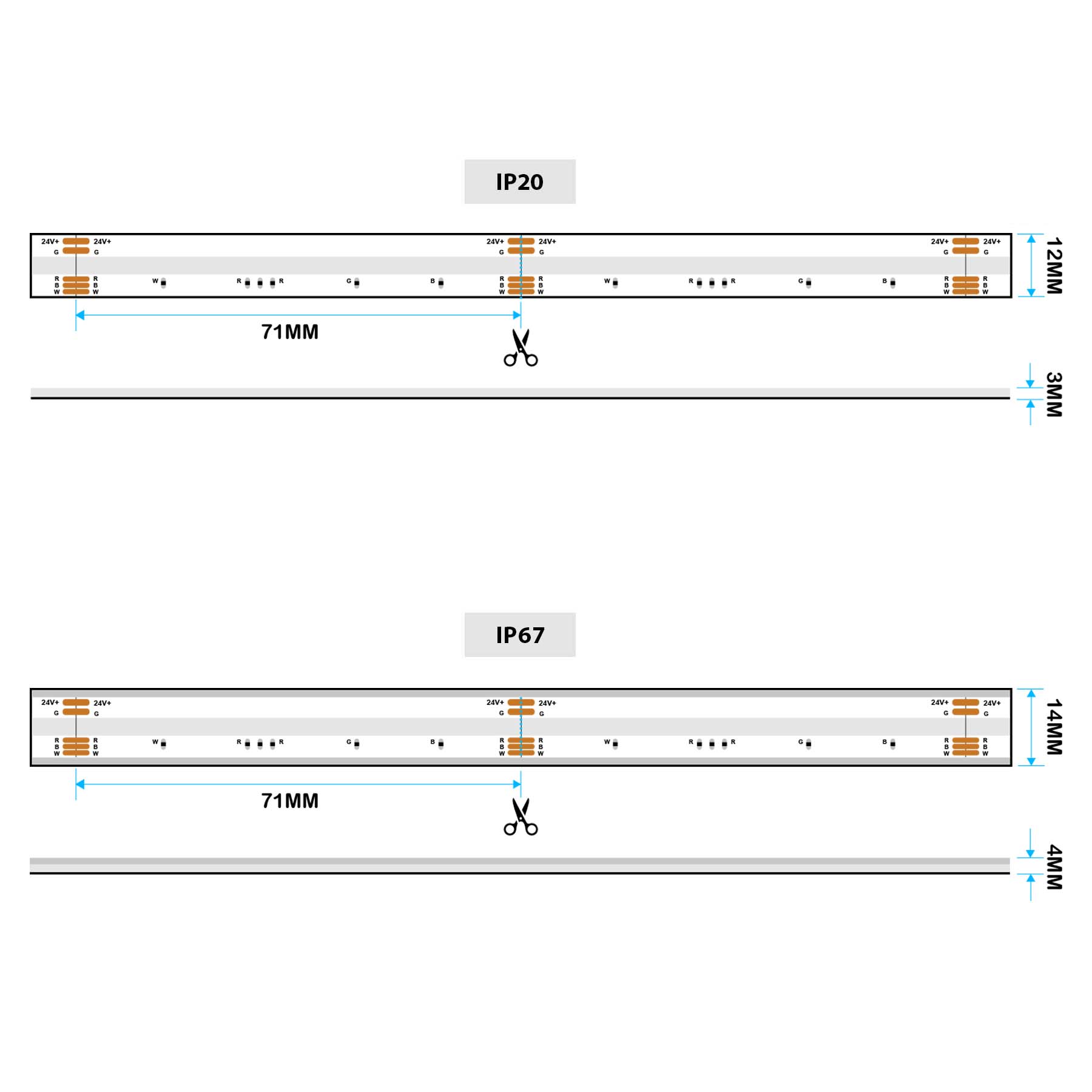 G.W.S LED Wholesale LED Strip Lights LED COB Strip Light, Seamless, 5M Reel, IP20/IP67, 24V, 12mm/14mm Wide, RGB+White