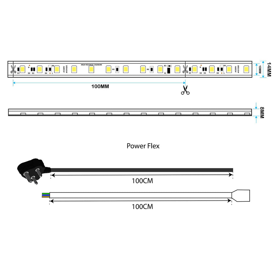 220V 240V LED Strip Lights 2835 – 120 LEDs/m, Waterproof IP67, Commercial & Home (UK Plug, 3-Line)