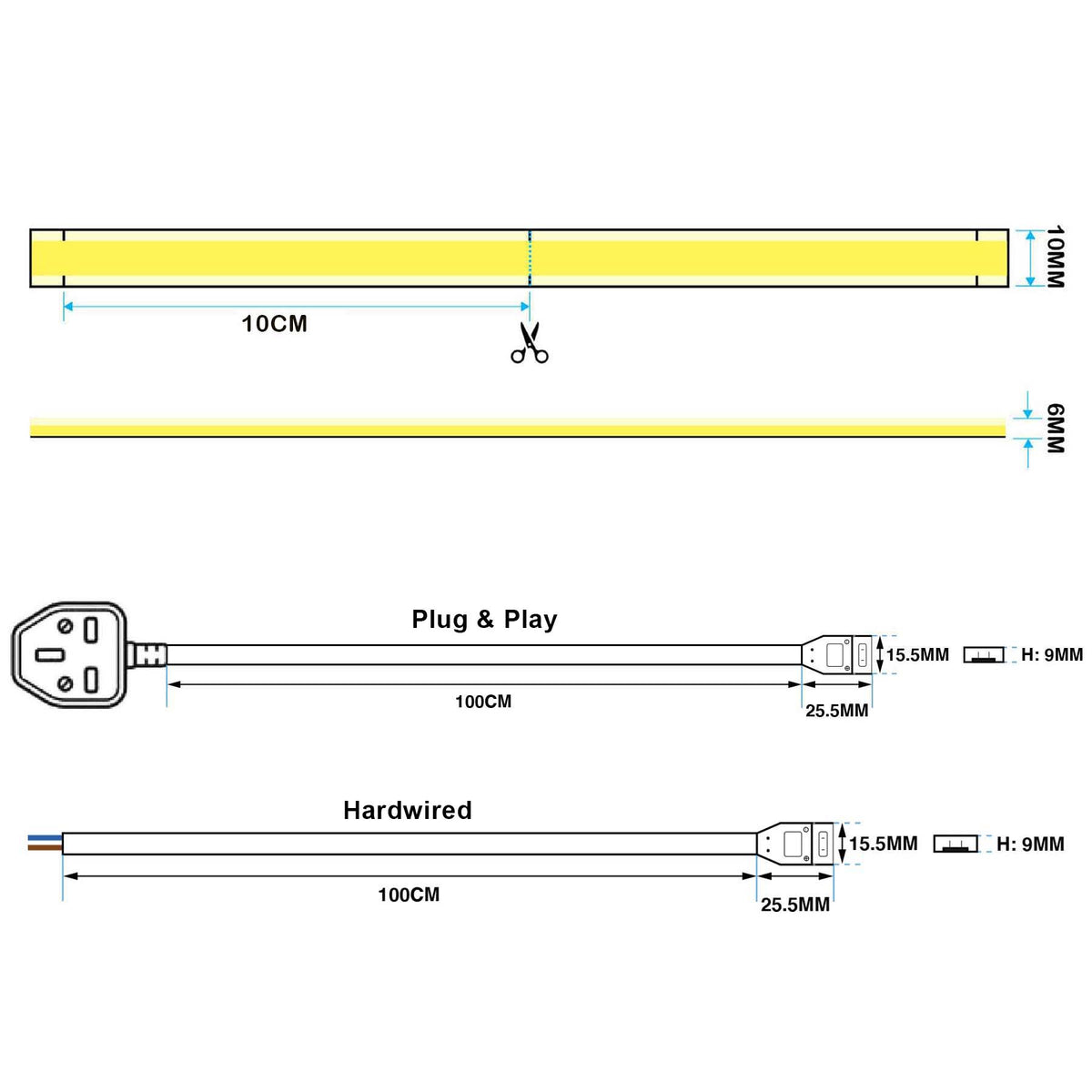 G.W.S LED Wholesale Ltd. LED Strip Lights LED COB AC Strip Light, Seamless, IP65, 220V-240V, 10mm Wide, 10cm/Cut