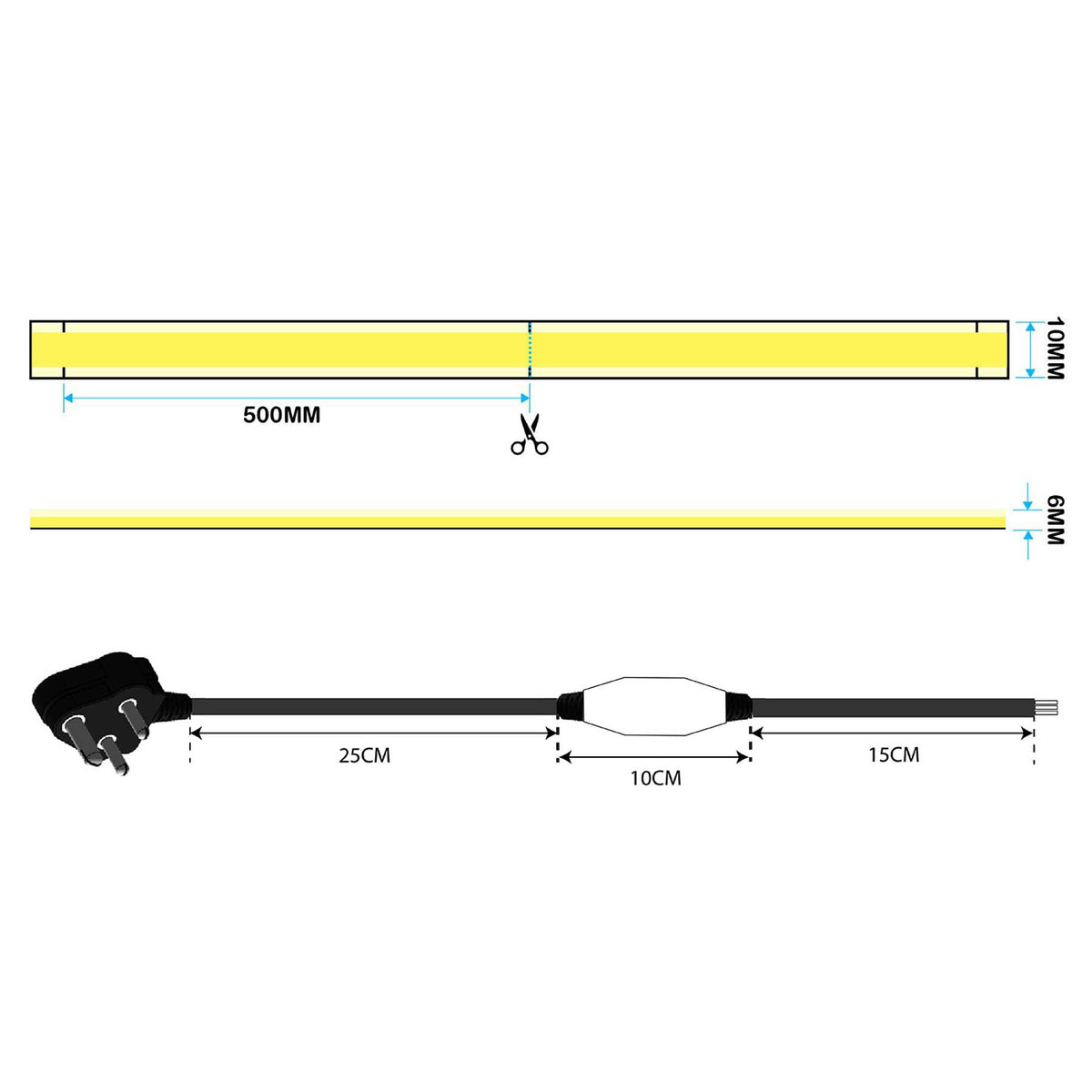 G.W.S LED Wholesale Ltd. LED Strip Lights LED COB AC Strip Light, Seamless, IP65, 220V-240V, 10mm Wide, 50cm/Cut