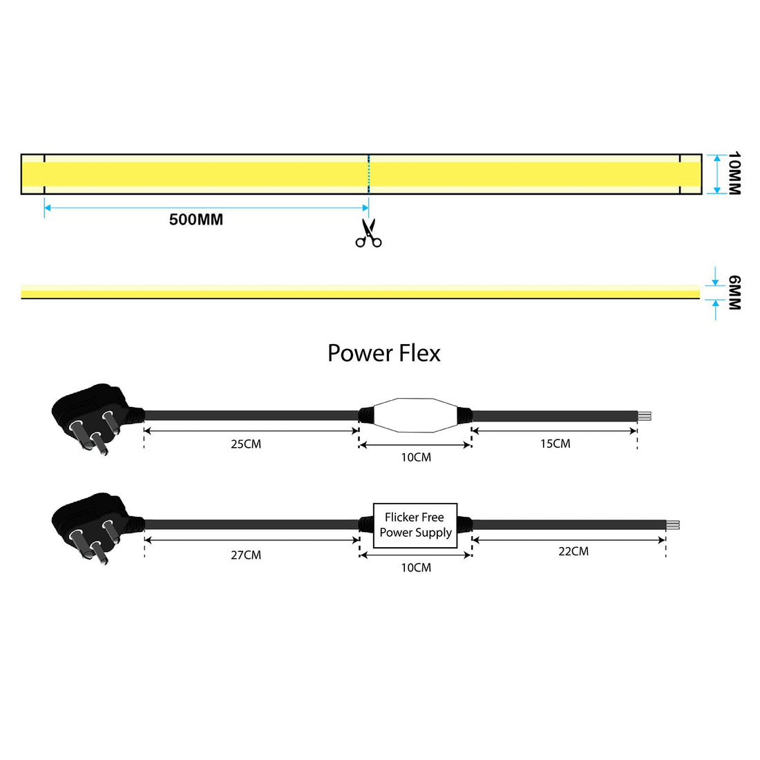 LED COB AC Strip Light, Seamless, IP65, 220V-240V, 10mm Wide, 50cm/Cut