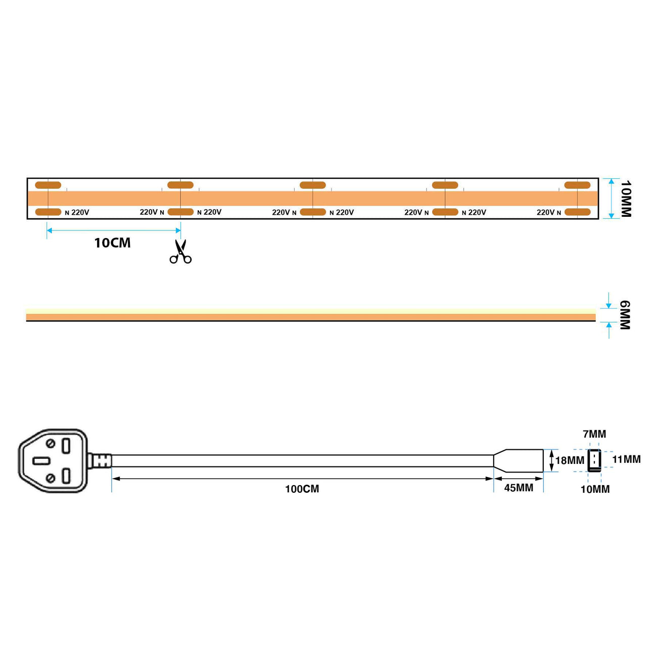 Plug & Play LED COB AC Strip Light, Seamless, IP65, 220V-240V, 10mm Wi