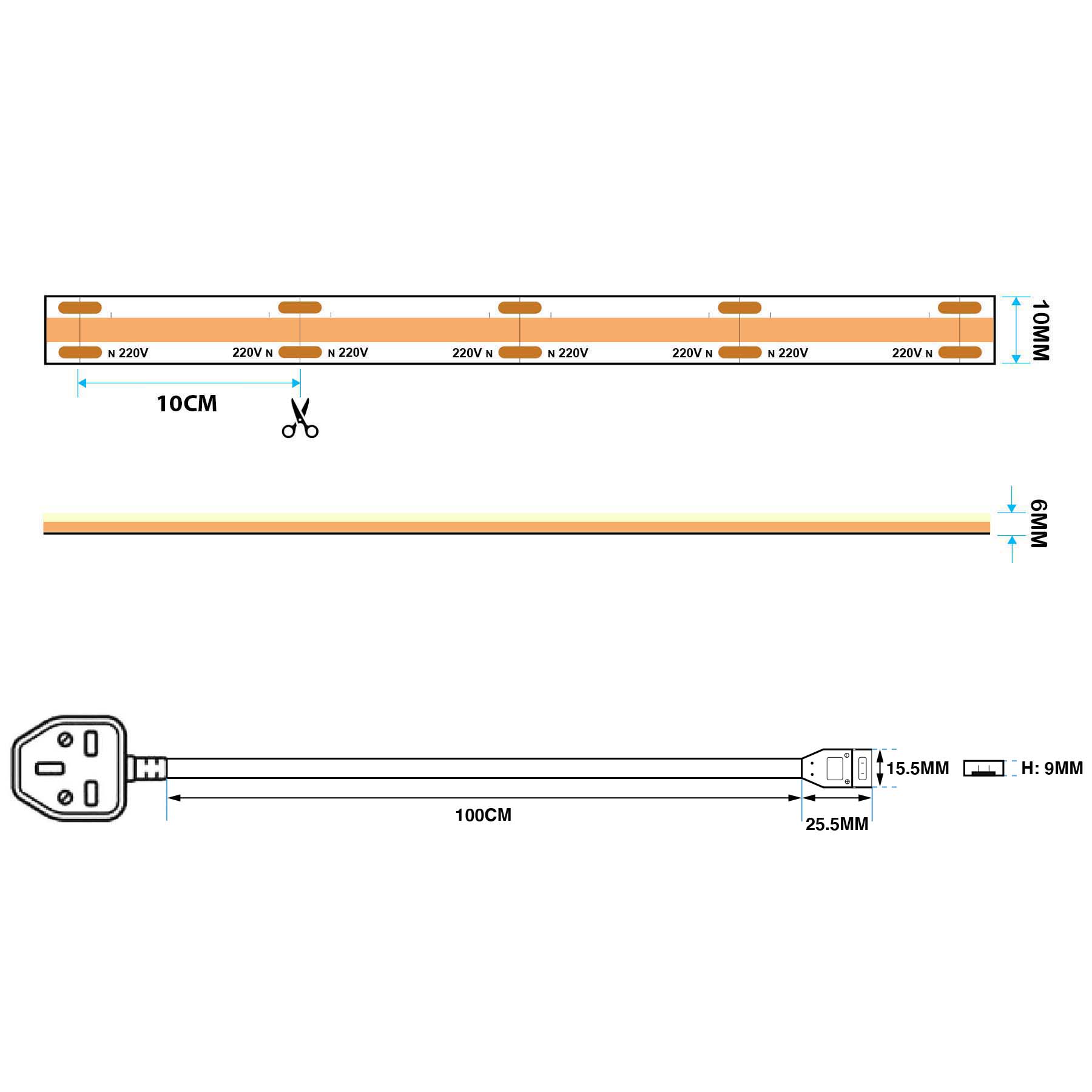 G.W.S LED Wholesale Ltd. LED Strip Lights Plug & Play LED COB AC Strip Light, Seamless, IP65, 220V-240V, 10mm Wide, 10cm/Cut